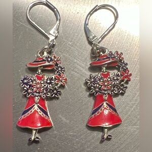 🍄Red Hat Society Dangle Leverback Earrings Silver Tone Red Enamel